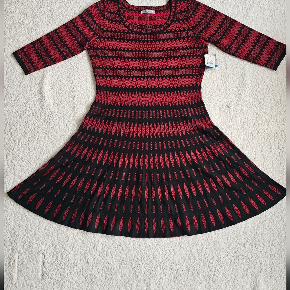 Danny & Nicole Red/Black Rayon Round Neck Long Sleeve Knee Length Dress XL